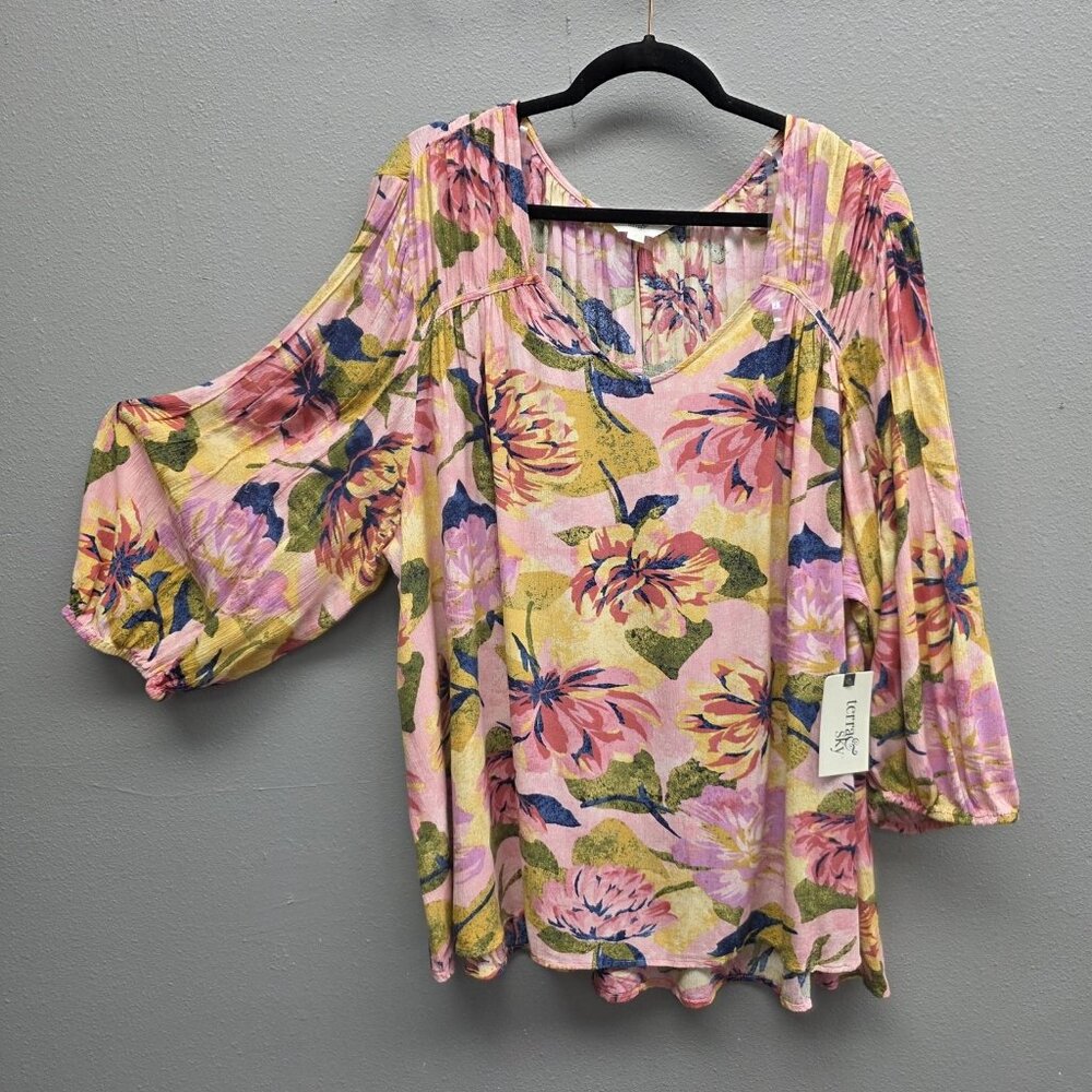 Terra & Sky Blouse Womens Plus 2X Pink Floral Poet Sleeve Boho Lightweight Top - Picture 1 of 10